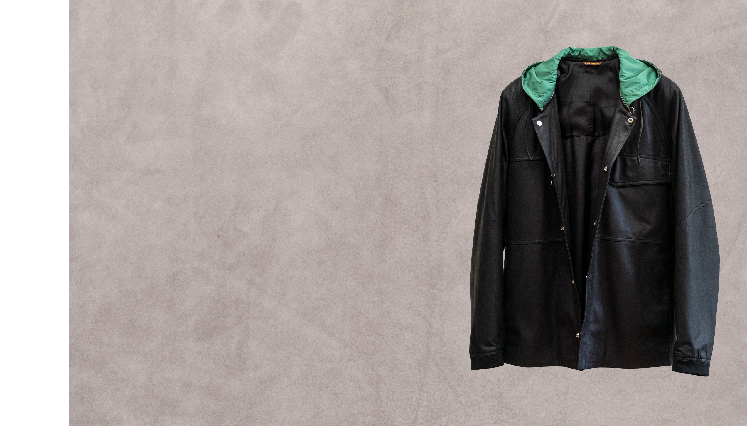 Tatsuya – Agneau métis noir, nylon kimono pomme et doublure soie ouatinée