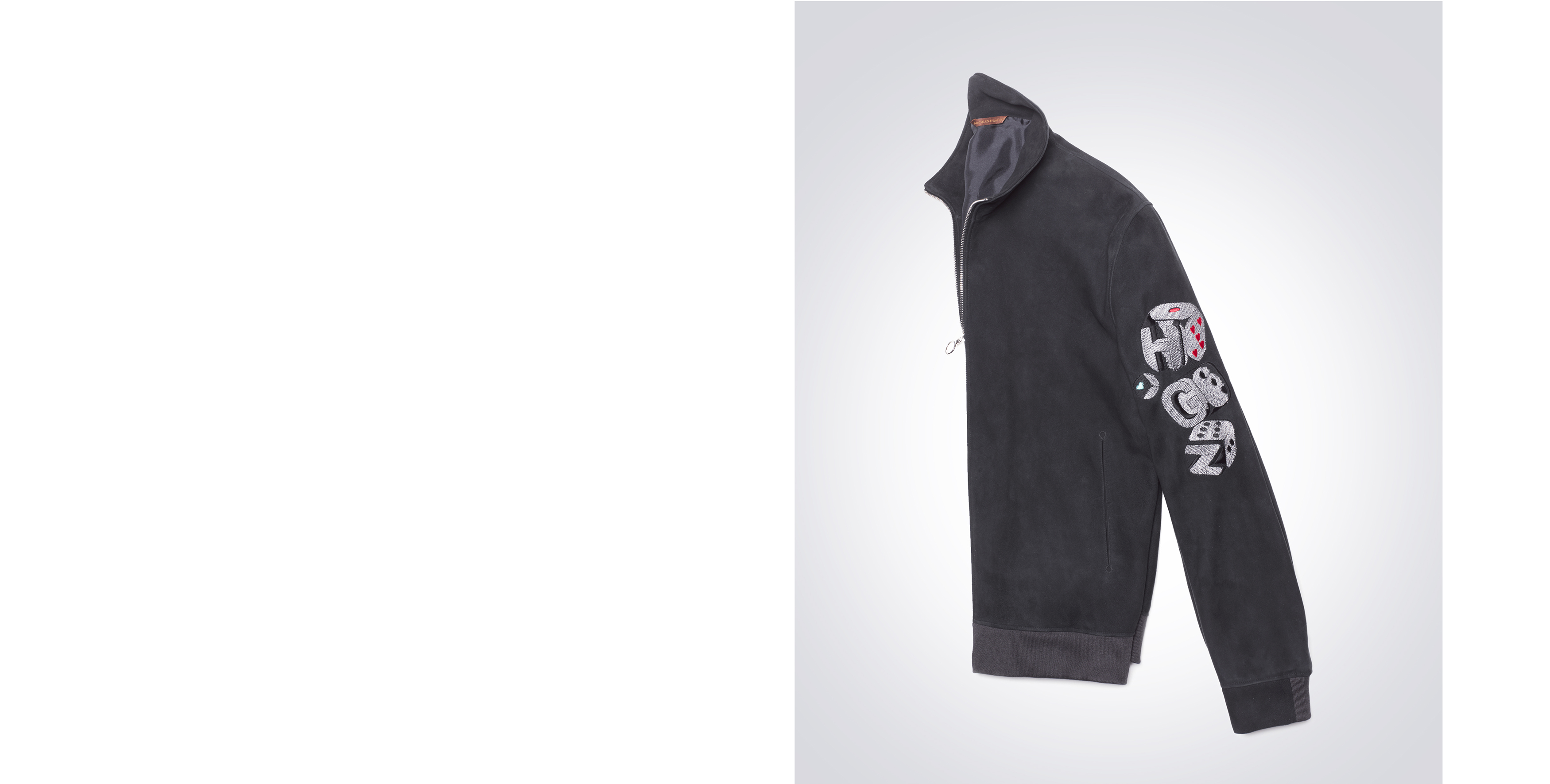 Dice jackets, embroidered, in anthracite suede goat
