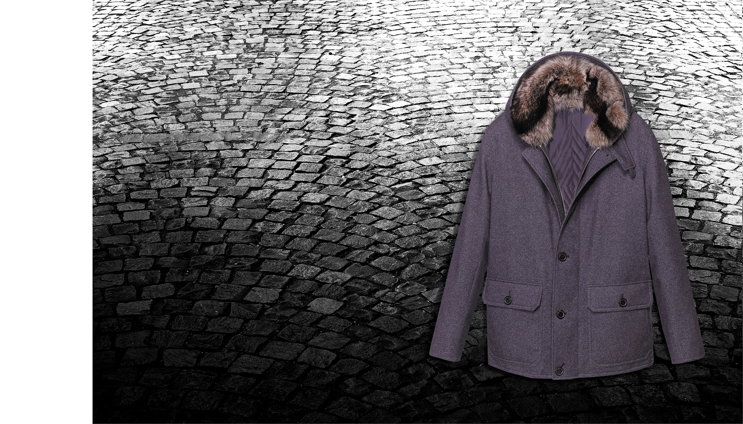 Car coat Voyage au BE – blue washed denim cashmere, marmot shawl collar