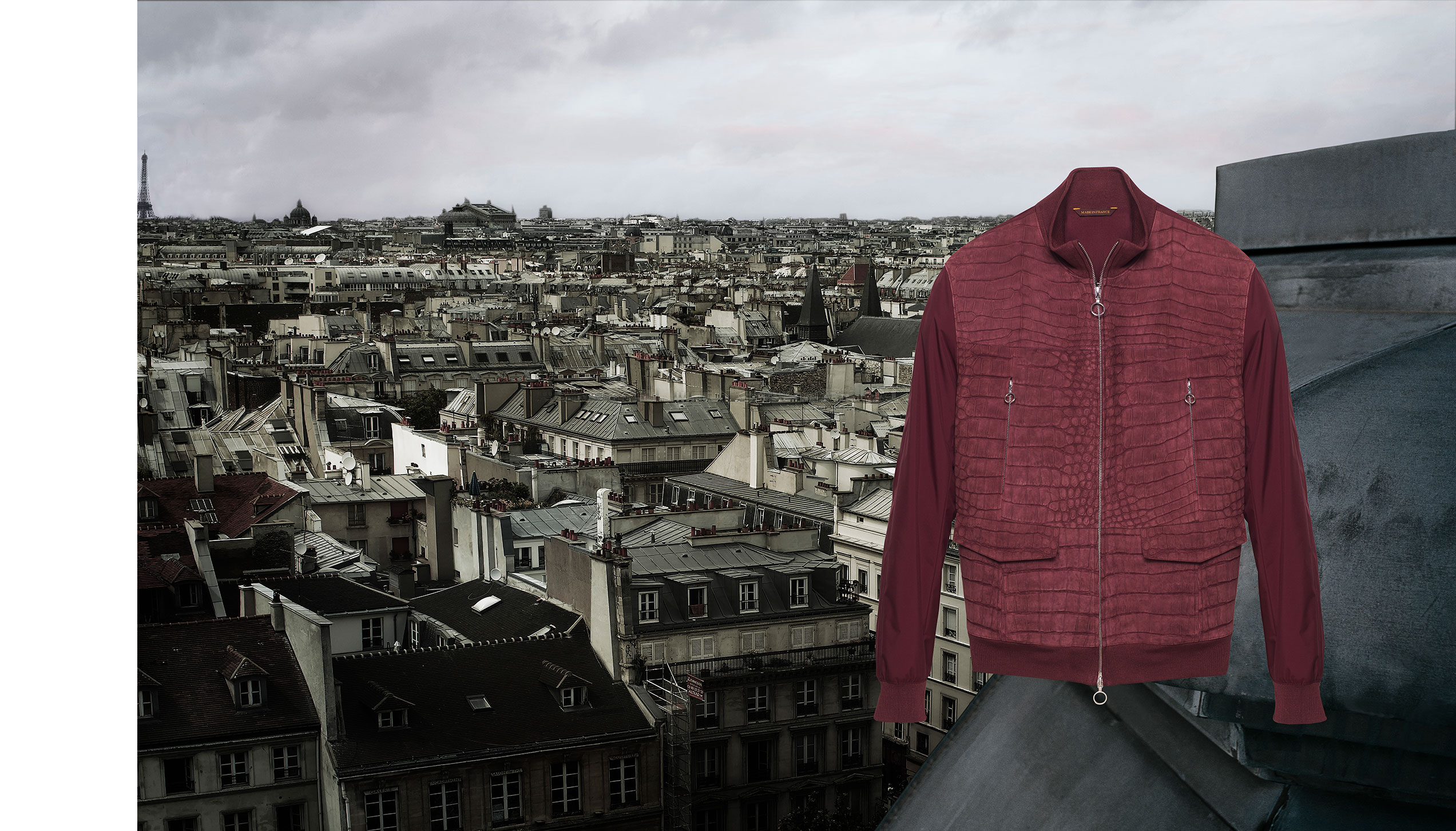 Urban zips jacket – Nubuck crocodile and burgundy kimono nylon